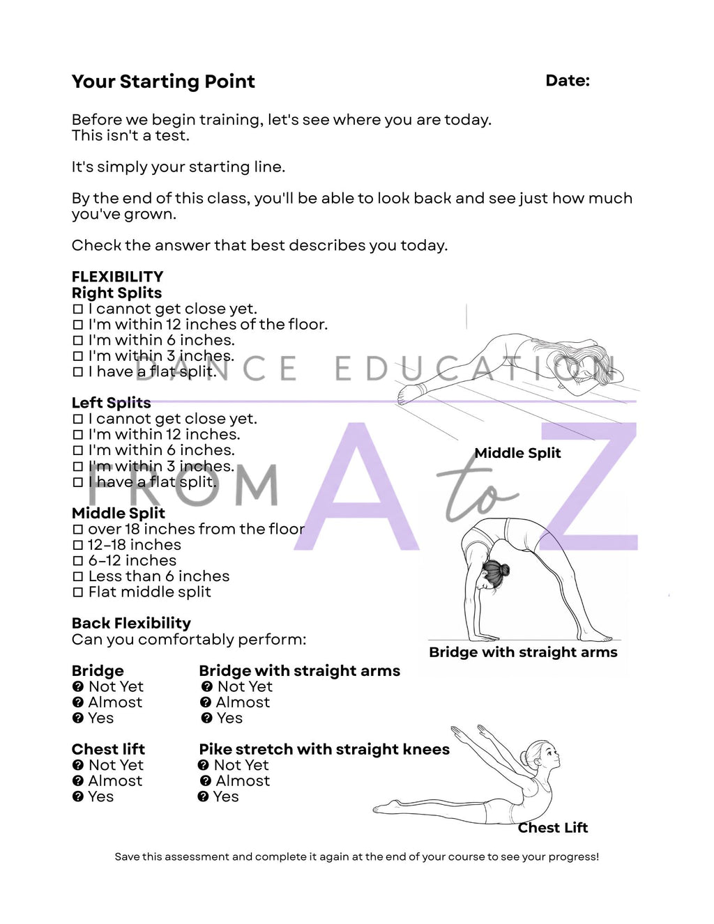 Pre-Course Dance Assessment | 5-Page Dancer Skills Evaluation