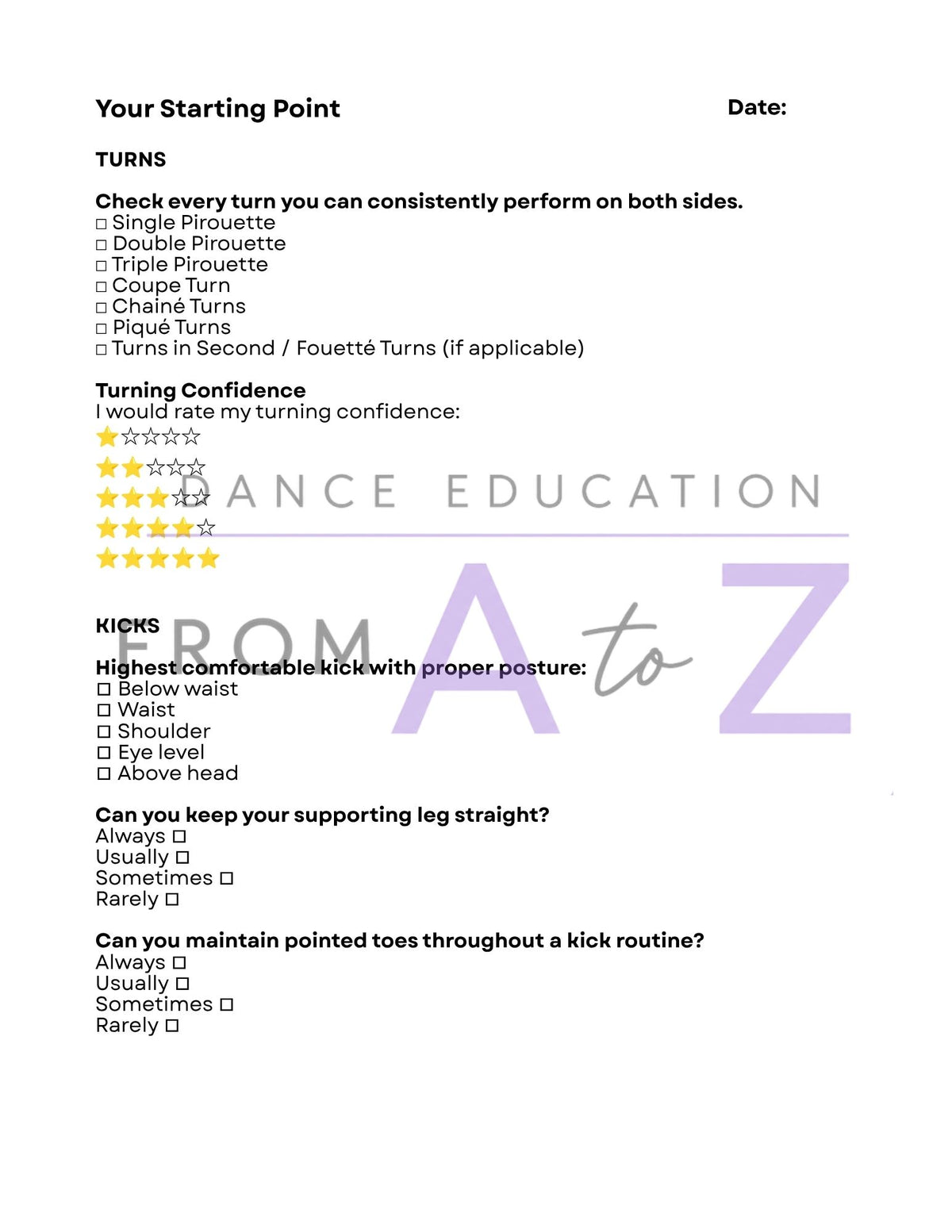 Pre-Course Dance Assessment | 5-Page Dancer Skills Evaluation