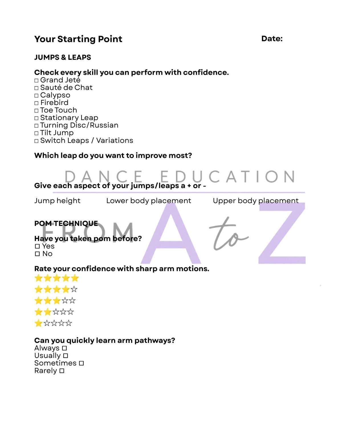 Pre-Course Dance Assessment | 5-Page Dancer Skills Evaluation