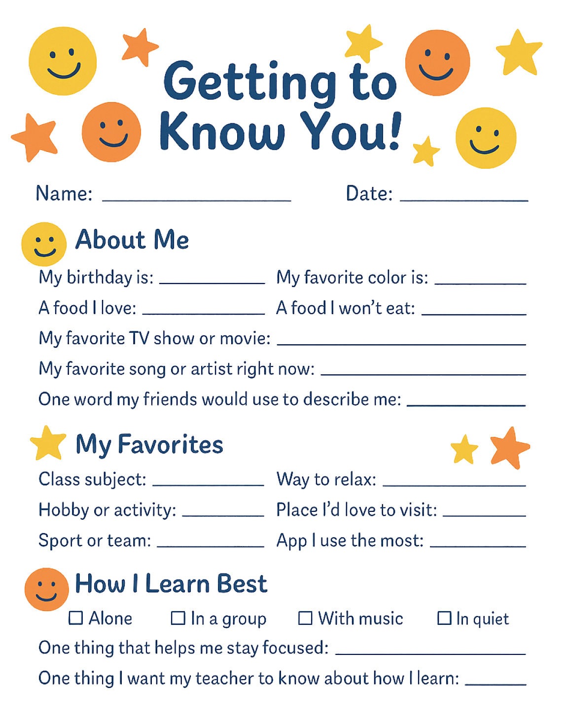 Getting to Know You Worksheet | Back to School Icebreaker | Student Interest Inventory